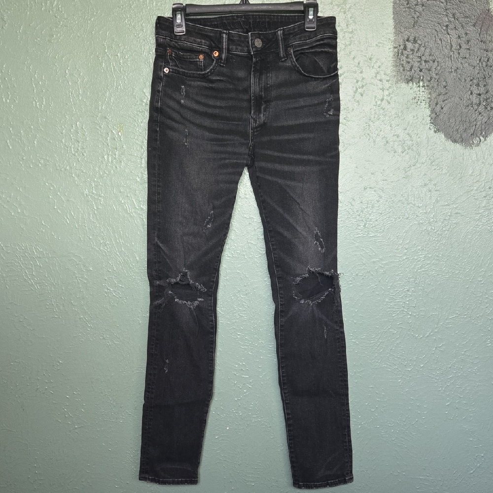 American Eagle Outfitters Men's Distressed Black Skinny Jeans